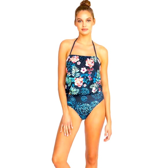 Johnny Was One Piece Blouson Top Blue Floral Print Swimsuit! Great condition  1X - Picture 1 of 16